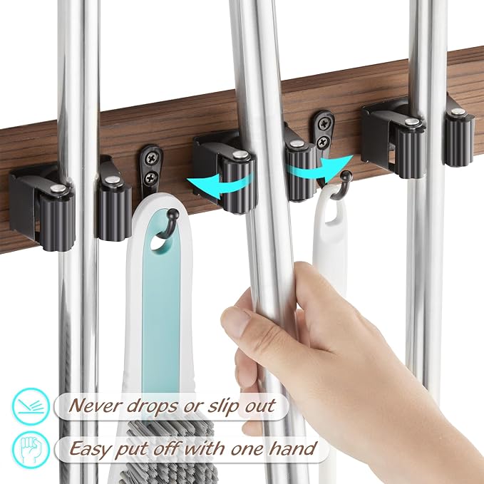OUTNILI Mop and Broom Holder Wall Mount - Wood Broom Mop Hanger - Wall Mounted Garden Tool Rack Organizer for Closet Garage Laundry Room for Rustic Kitchen Decor With 5 Slots & 4 Hooks