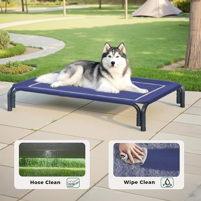 Elevated Dog Bed Raised Outdoor Dog Cot for Medium Dogs, Installation Requires No Tools, Frame with Washable Cooling Breathable Mesh Anti-Slip Feet, Indoor Pet Bed, Blue, 35.4 Inches