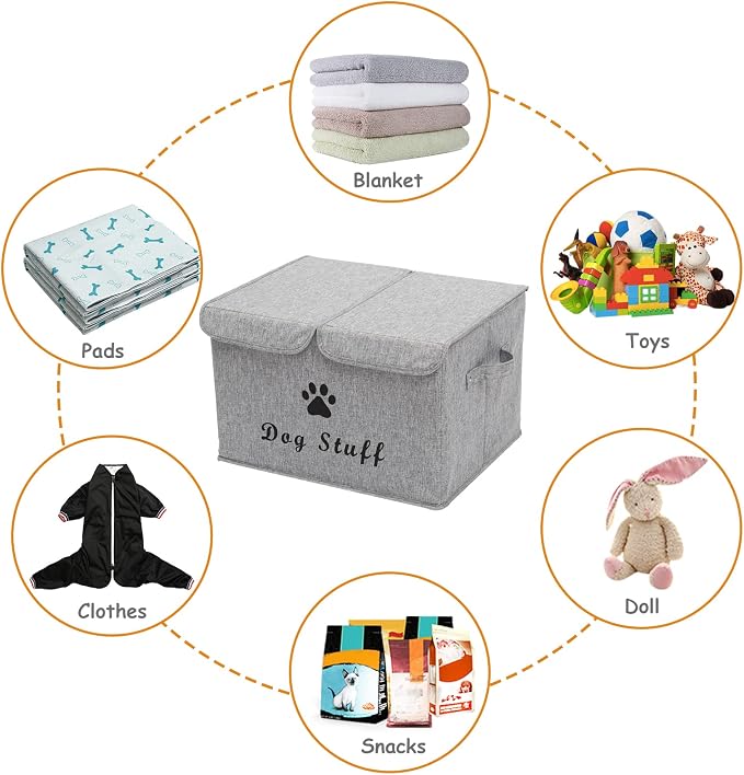 Large Storage Boxes - Large Linen Fabric Foldable Storage Cubes Bin Box Containers with Lid and Handles for Dog Apparel & Accessories, Dog Toys(Snow Grey)