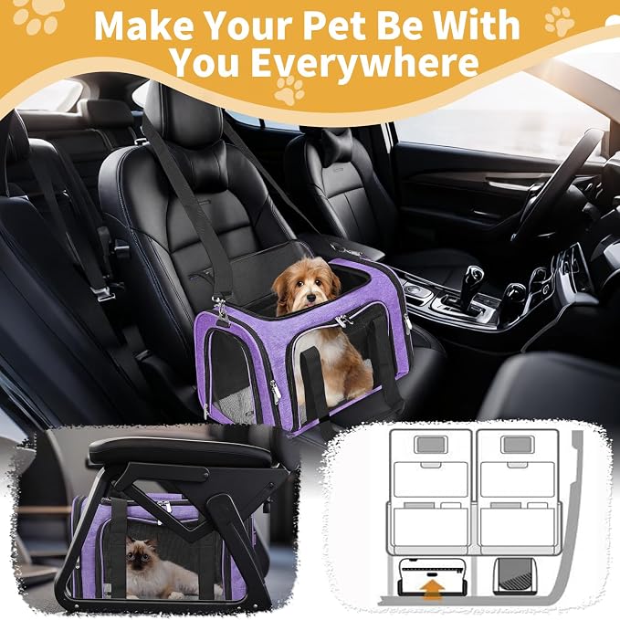 Soft-Sided Cat/Dog/Pet Carrier, Collapsible Pets Travel Carriers | for Big Cats/Small Dogs with Shoulder Strap & Removable Mat, Mesh Puppy Carry Bag, Up to 16 Lbs, TSA Airline Approved(Purple)