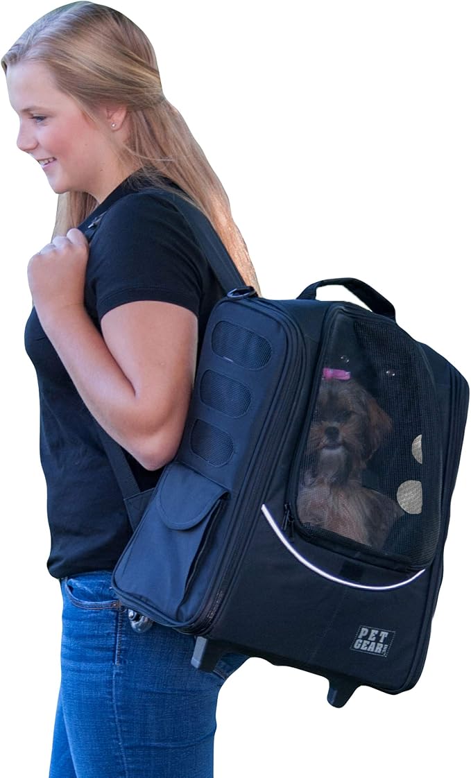 Pet Gear I-GO2 Escort Roller Backpack, Travel Carrier, Car Seat for Cats/Dogs, Mesh Ventilation, Included Tether, Telescoping Handle, Storage Pouch, Onyx