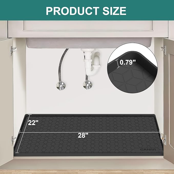 Under Sink Mat, 28"x22" Waterproof Tray for Cabinet, Holds 3 Gal | Silicone, Fits 36 inch Standard Cabinet,Leakproof & Easy Clean, Ideal for Kitchen & Laundry, Protects Shelf from Water Damage