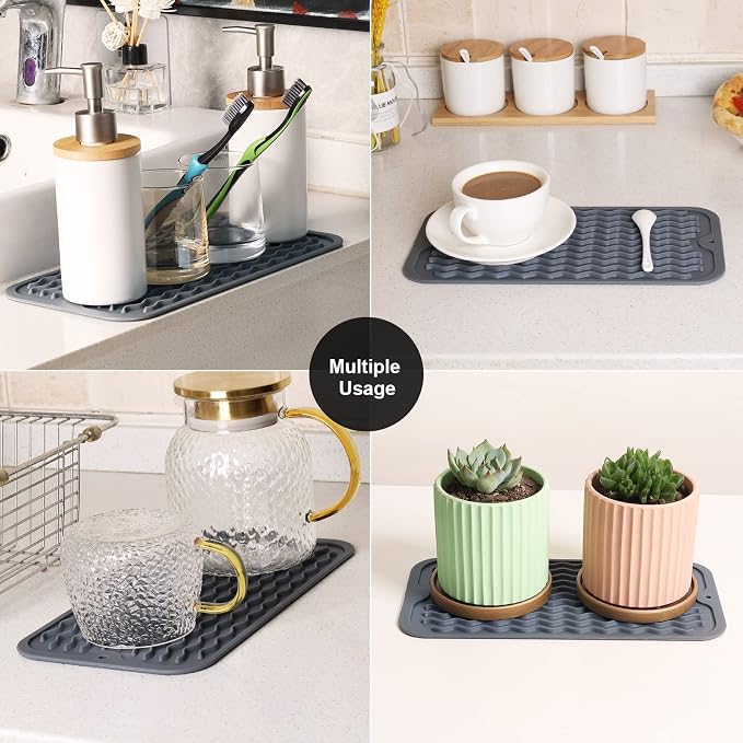 ZLR Silicone Sink Caddy & Sponge Holder, 6"x12", 2-Pack, Dark Gray | Sink Organizer for Soap, Sponge & Brush, Doubles as Bathroom Vanity Tray, Raised Lip, Non-Slip Food-Grade Silicone