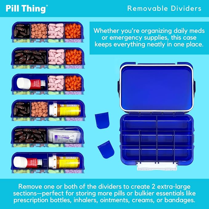 12 Compartment Large Pill Case with Airtight Seal - Silicone Gasket Waterproof Med Box with Medication Map (Blue 2 Pack)