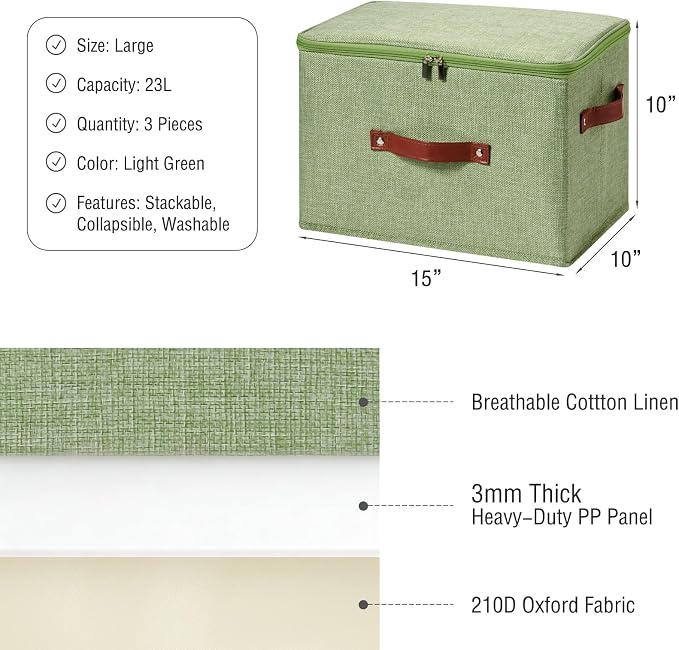 3PCS Storage Bins Boxes with Zippered Lid Decorative Baskets | Cotton Linen Fabric, Washable, Foldable, Stackable, Closet Shelf Organizer, with PU Leather Handles, Light Green-Large