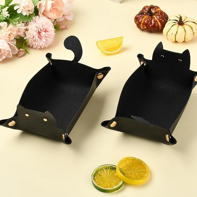Craftdady 4 PCS Foldable Cat-Shaped Valet Tray Black Leather Catch All Tray
