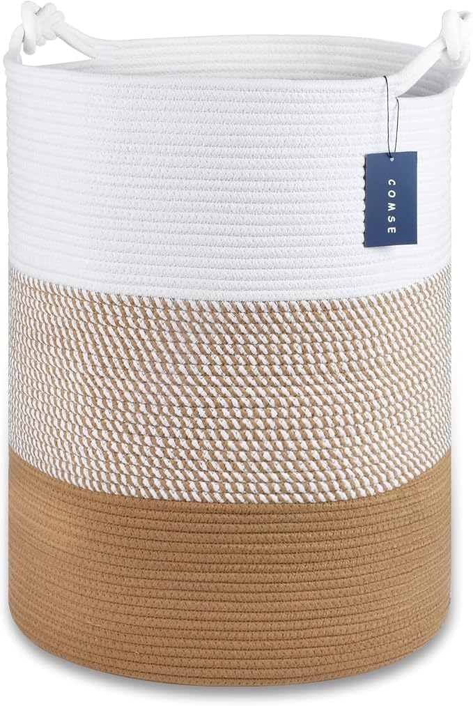 COMSE Tall Woven Blanket & Laundry Basket, 72L, White & Camel Mix | 15.7”x 21.7”, Cotton Rope, Large Nursery Hamper for Storage of Toys Clothes Towels, Great for Living Rooms Bedrooms Bathrooms