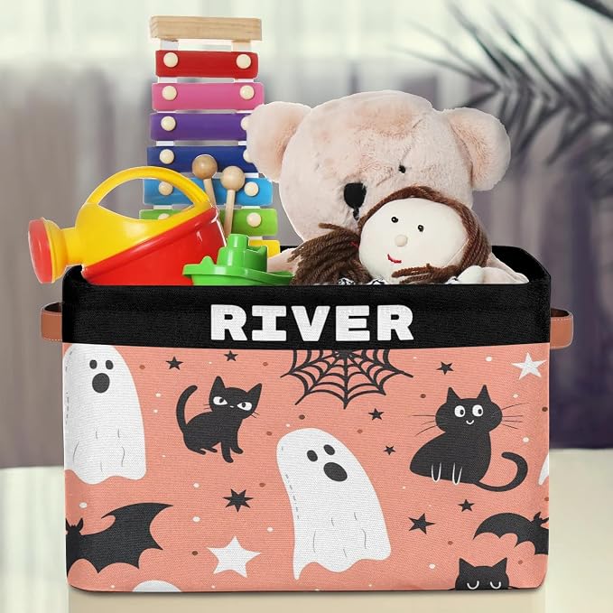 Personalized Dino Storage Basket with Name, Rectangle Toys Storage Bin with Handles for Baby Girls, Collapsible Basket for Clothes, Books, Halloween Spider Wed Ghost Cat Bat