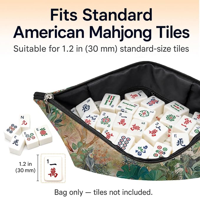 Green Tropical Jungle Animal Empty Mahjong Tile Bag 13x7.8 Inch | Nature Forest Printed Portable Travel Case Organizer Zipper Pouch for American Mahjong Tiles Game Night Accessories and Gifts
