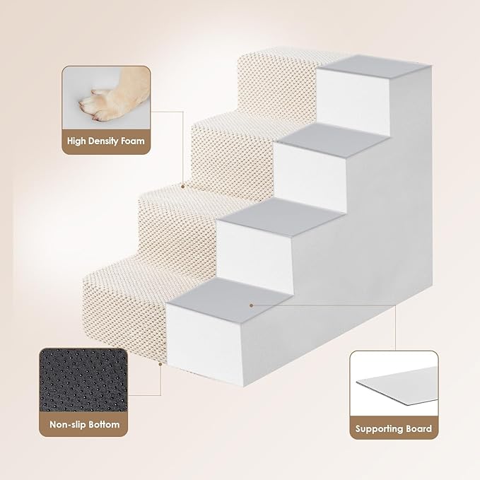 EHEYCIGA Dog Stairs for Bed 18" H, 4-Step Dog Steps for High Bed, Beige | Pet Steps for Small Dogs and Cats, Non-Slip Balanced Pet Ramp Indoor