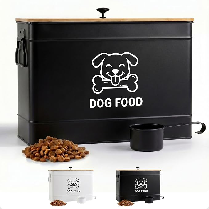 Metal Dog Food Container 15-20 lbs w/ Airtight Bamboo Lid, 70 Cup Capacity | Pet Jar For Dogs up to 100lbs, Airtight Bamboo Lid, Sturdy Comfortable Metal Handle, Powder Coated Iron, Kibble Storage Bin