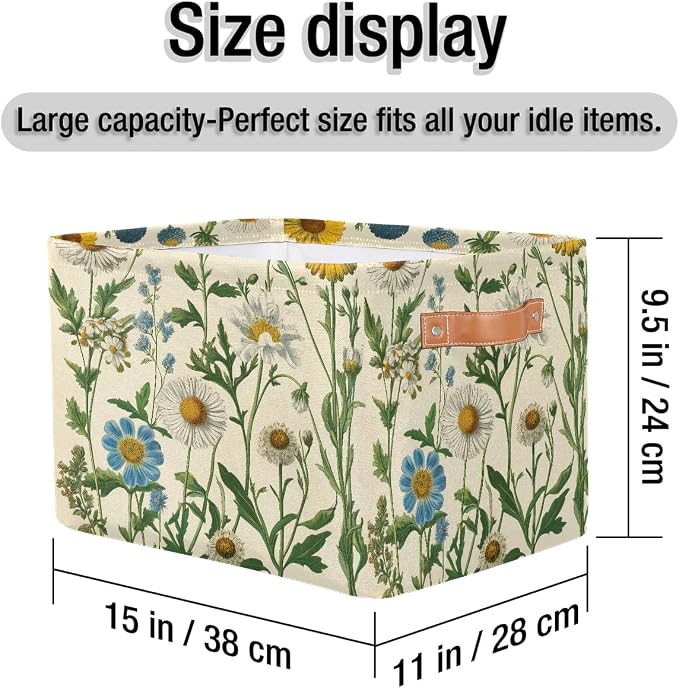 Fabric Storage Basket with Handles, Vintage Daisy Storage Cube Box Collapsible Toy Basket Organizer Bin for Shelf Closet Bedroom Home Office