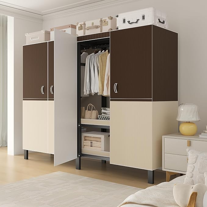 49.2in Heavy Duty Portable Closet with Cover, 1500lbs Foldable Covered Metal Clothing Wardrobe Closet System, Heavy Duty Garment Rack for Hanging Clothes, for Bedroom,Apartment,Rental Property,Brown
