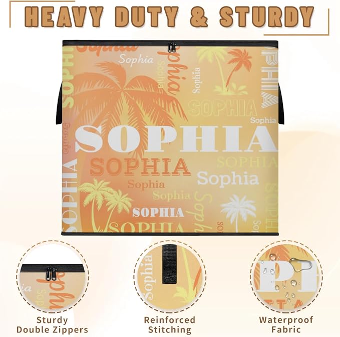 Custom Storage Baskets Cubes for Home with Name, Large Foldable Organizer Collapsible Storage Bins for Blanket Comforters Clothes Closet Nursery, Orange Yellow Tropical Palm Trees Painted Background