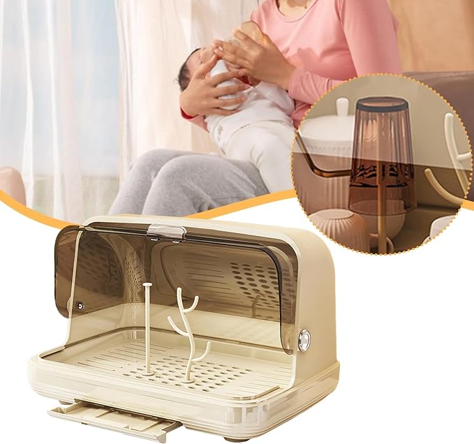 harayaa Rack Rack with Cover Storage Box Organizer Portable PET Material Dustproof Dish Drainer Easy to Clean for Nursery Suitable, Light Khaki Large