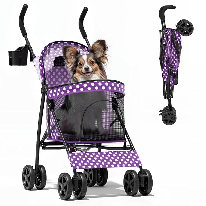 Magshion Compact Fold Pet Travel Stroller for Small Dogs Cats, Purple | Up to 22lbs, 4-Wheel Lightweight Umbrella Shaped Design, Safety Tethers, Breathable Mesh, Cup Holder & Rear Storage