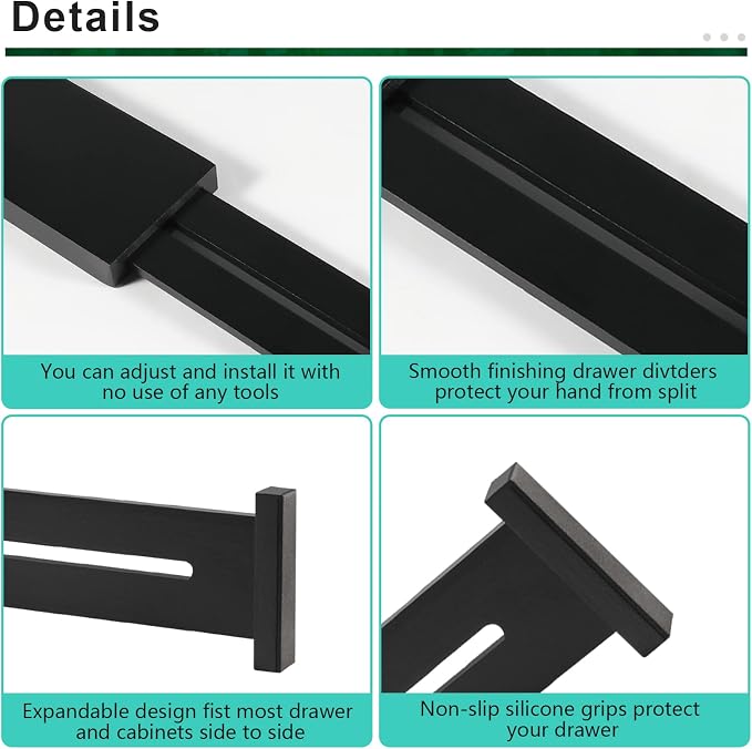 4 Pack Bamboo Drawer Dividers 2.6" High, Adjustable from 12 Inch to 17 Inch | Expandable Kitchen Drawer Organizer Separators for Clothes, Kitchen, Bedroom, Dresser, Office (Black)