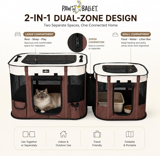 Paw Ballet 2-in-1 Dual-Zone Pet Playpen for Cats & Small Dogs, Portable Indoor Outdoor Pet Enclosure with Connected Rest & Feeding Areas, Foldable Pet Tent with Carrying Bag