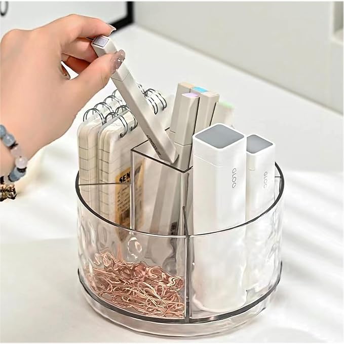 Rotating Pencil Holder, Desk Organizer with Multi-Compartment Design-Stylish, Functional Storage Solution for Home Offices, Classroom, Art Supplies Storage (Light gray ripple)