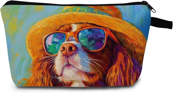 Cavalier King Charles Spaniel Makeup Bag Vintage Oil Painting Style Adorable Dog with Straw Hat & Sunglasses Artistic Cosmetic Pouch for Dog Lovers Gift for Pet Enthusiasts