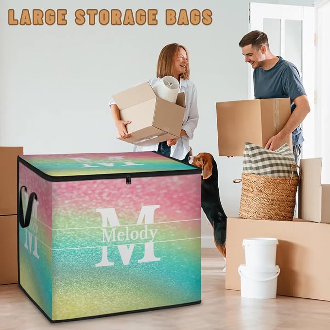 Personalized Storage Bags Large Organization Storage Containers for Comforters, Bedding, Blanket Foldable Organizer with Reinforced Handle, Colorful Pink Yellow Blue Glittering with Initial Letter
