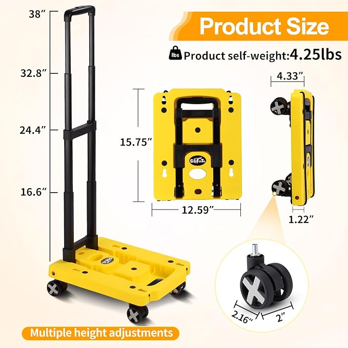 GtIiFmTe Foldable Hand Truck, Lightweight Luggage Cart for Airport Car Seat | Compact Folding dolly with Rotating swivel wheel,storage size12×15.7×4.1",300lbs Load,Upright Lock Handle with 3bungee cords