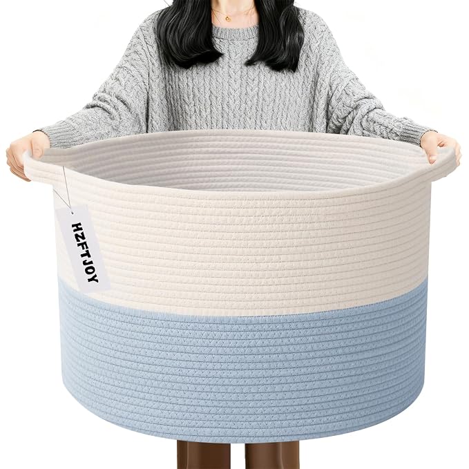 90L Large Blanket Basket,Woven Laundry Basket-White&Blue | Collapsible, reinforced handles, nursery storage bin organizes clothes, toys and pillows for living room, bedroom bathroom