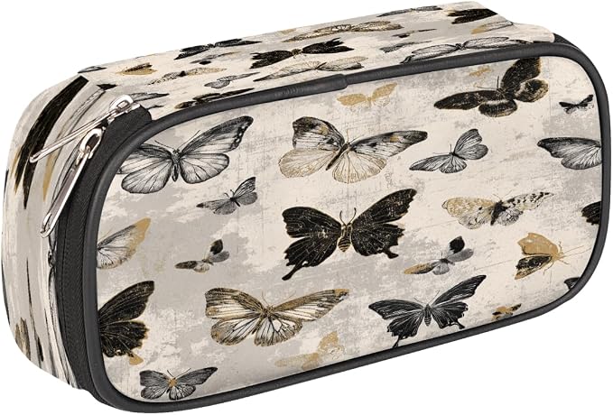 Pencil Case Pouch, Vintage Gold Black Butterfly Large Pen Bag with Zipper, Portable Zipper Pencil Pouch Organizer for Student Teen Girls Boys