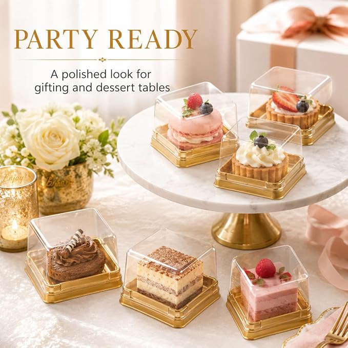 DOITOOL 100 Pcs Mini Cake Containers 2.24 Inch Mooncake Packaging Boxes | Individual cupcake containers with clear lids, gold plastic flan dessert dome for macarons muffins cookies wedding birthday