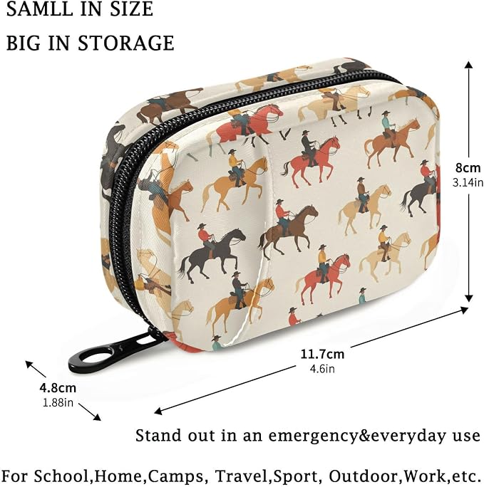 Fustylead Colorful Western Cowboy Riding Horse Pill Organizer for Purse, Weekly Portable Pill Box with Zipper to Storage Vitamins Fish Oils Medications Supplements