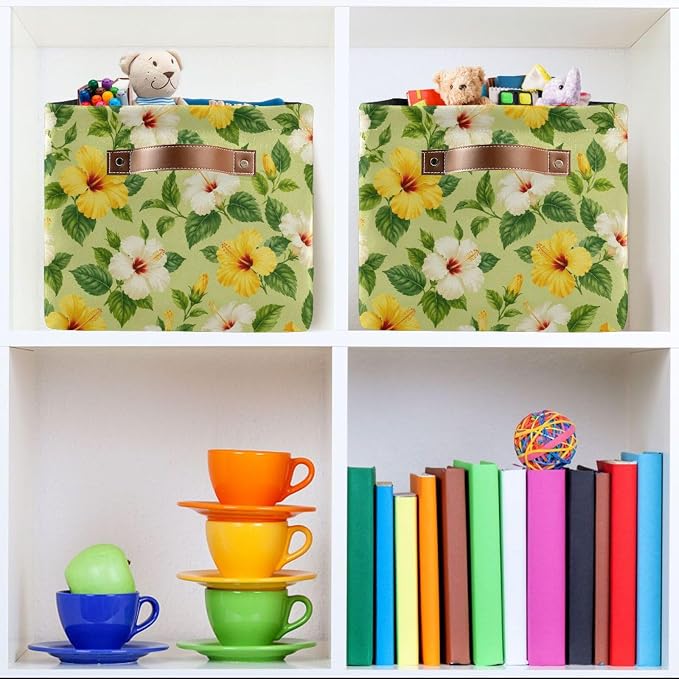 Kigai Storage Basket, Fabric Collapsible Closet Organizer Bin | Small Flowers Waterproof Foldable Canvas Basket with Handles for Shelves, Nursery, Closet, Bedroom & Bathroom