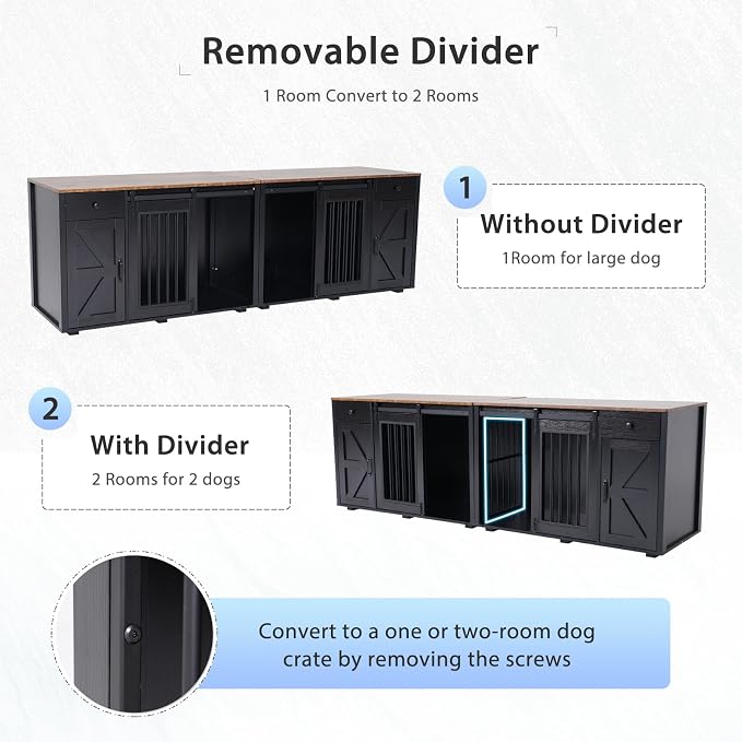 Verano Garden 88" Dog Crate Furniture, Dog Kennel Cage, Black (88") | 2-in-1, Lockable, Decorative, Sliding Door, Removable Divider, Adjustable Shelf, Farmhouse, Heavy Duty, Small Medium Dogs
