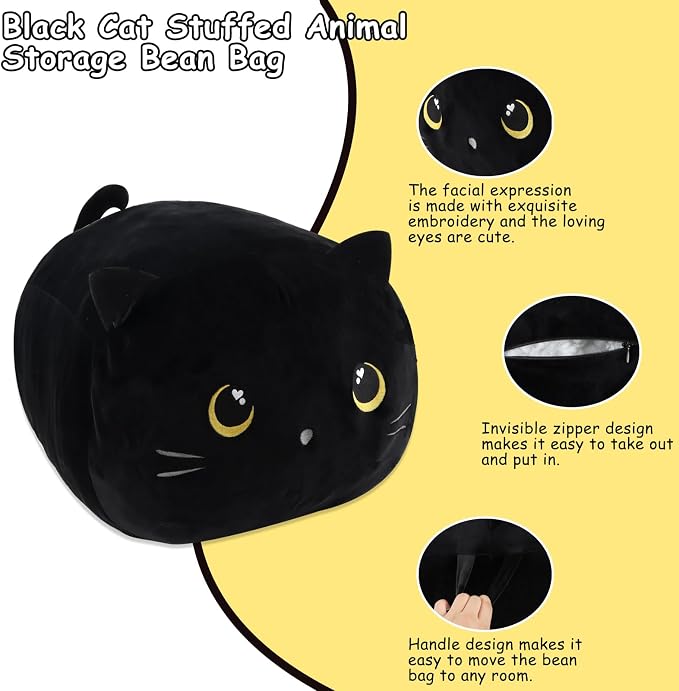 Stuffed Animal Storage Bean Bag Chair Cover for Cute Black Cat Large Beanbag Bedroom Décor Organizer Cover, No Beans