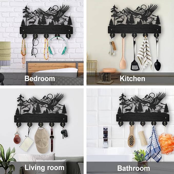 MAYJOYDIY Eagle Deer Forest Coat Hooks Wall Mounted 11.8×7.9inch Black Wooden Eagle Key Holder for Wall 5 Alloy Hooks Wall Art Decor Deer Hangers for Towel Key Kitchen Bedroom Entryway Gifts