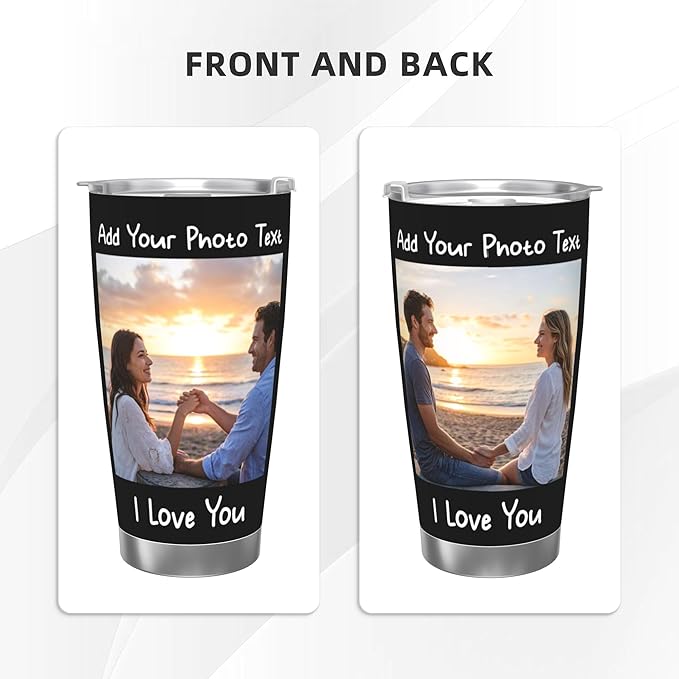 Personalized Stainless Steel Tumbler with Photo Logo Text Name, Custom 20 Oz Coffee Mug for Christmas Anniversary Birthday, Customize Travel Car Thermos Cup for Family Friends