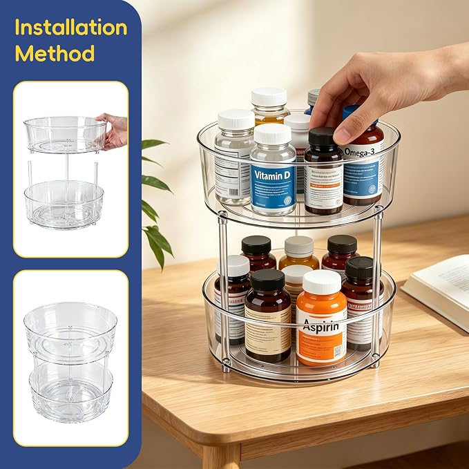 2 Tier Medicine Bottle Organizer, Lazy Susan Organizer for Prescription and Vitamin Bottles, Medicine Cabinet Organizer for Countertop and Bathroom, Transparent Organizer for Empty Pill Bottles