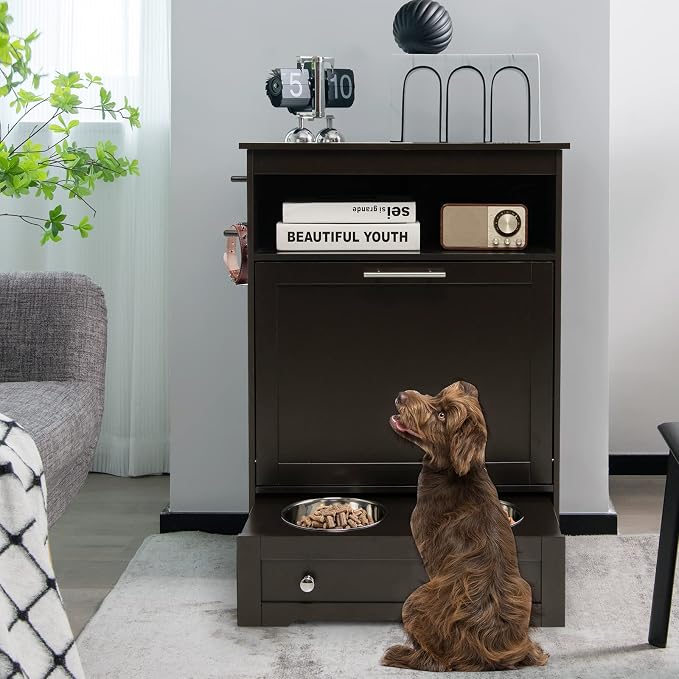 Dog Feeding Station with Double Bowls, Large Pull Out Dog Feeder & Food Storage (Brown)