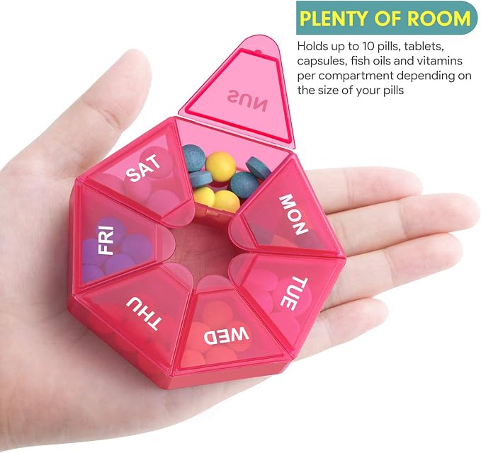 Weekly Pill Organizer, 2 Pack Portable Travel Pill Box, 7 Day Pill Case | Easy Open, BPA-Free, Arthritis Friendly Medicine Pill Container, Medicine Case for Vitamins,Supplements Medications, Red