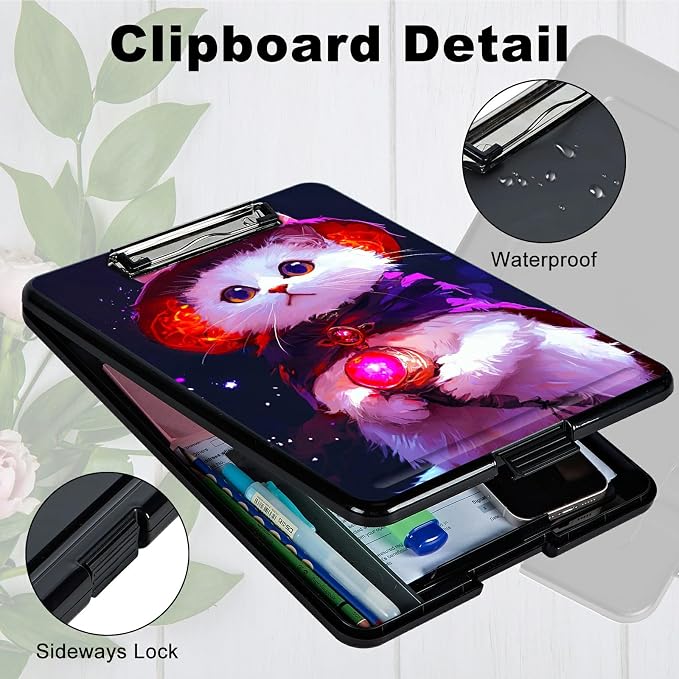 Purple White Cat A4 Clipboard with Storage Pen Holder, Clipboards Organizer Nursing Clipboard Foldable File Folder Plastic Clipboard Folio Clip Board for Office Students Classroom Doctor