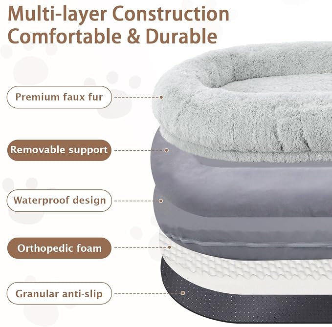 ROOMTEC Human Dog Bed, 78''x51''x12'' Size Fits Adult and Pet Washable Giant People Bed 10 CM Thick Memory Foam Large Oversize Pet Bed with Plump Pillow, Blanket, Strap - Grey