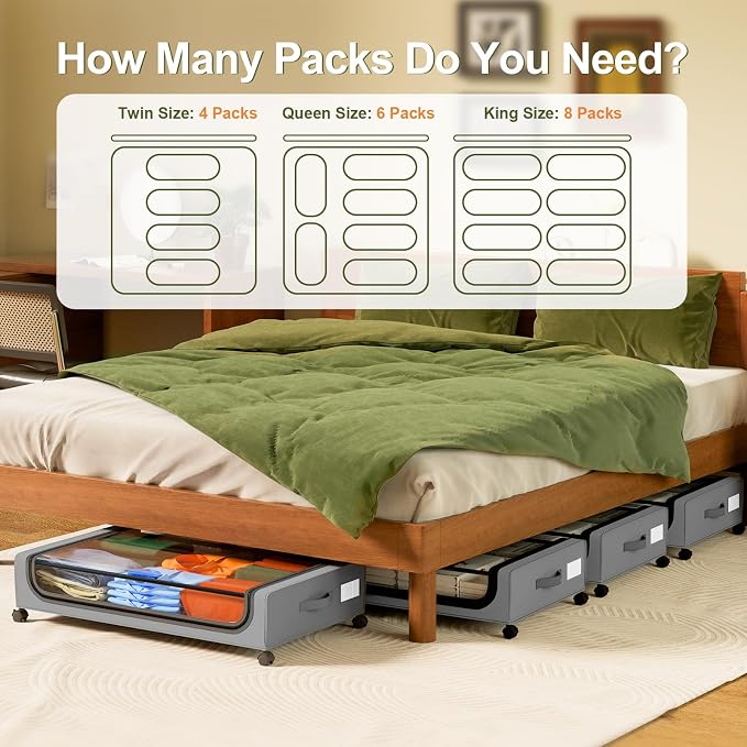 GoMaihe Under Bed Storage with Wheels 48L Grey 4-Pack | Underbed Storage Containers with Lids Rolling Bins for Shoes Clothes in Dorm Bedroom - Metal Drawers Easy Pull-out