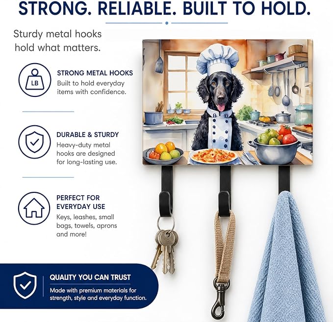 Caroline's Treasures Curly-Coated Retriever The Chef Leash or Key Holder Wall Hooks, Key Hooks Holder, Coat Rack Wall Mount, Coat Hooks, Hooks for Hanging Keys, Towels, Aprons, Leashes | Curly-Coated Retriever The Chef artwork on ceramic tile with thre...