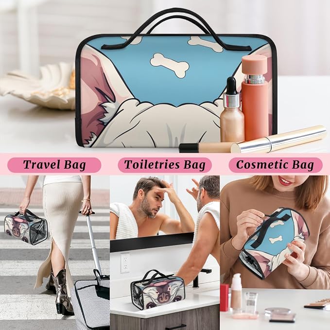 Dog Print Makeup Bag for Women Hanging Roll-Up Travel Organizer Toiletry Kit with 4 Removable Compartments, Animal
