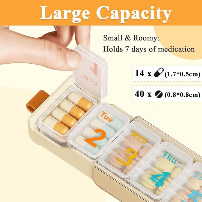 Pill Organizer Large, Weekly 7-Day Tablet Case Vitamin Dispenser | Travel Medicine Pill Box Holder Reminder Container for Medication, Tablets, Supplements, Fish Oil, Capsules (Cream White)