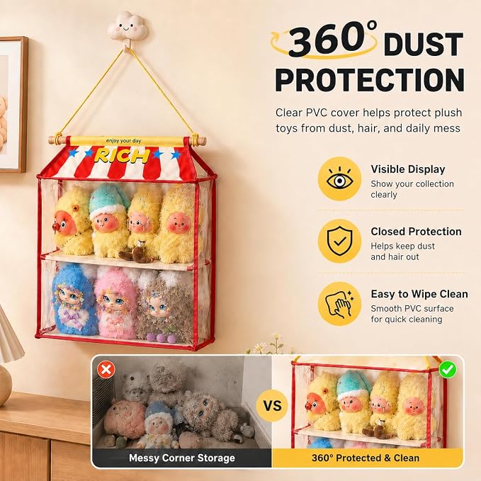 Dustproof Hangingcute Doll Storage Display Organizer with Clear PVC Cover | Cute Doll Storage Bag,High-Contrast Fabric Plush Figure Wall Holder for Labubu Molly Dimoo,Gift for Doll Collectors