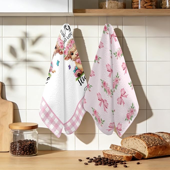 Highland Cow Kitchen Towels Set of 2 - Absorbent Dish Towels for Kitchen Drying, Cute Cow Dishcloths with Pink Bow Design, Decorative Dish Towels, Housewarming Gifts for Women Cows Lovers