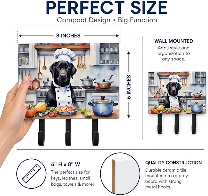 Caroline's Treasures Black Labrador Retriever The Chef Leash or Key Holder Wall Hooks, Key Hooks Holder, Coat Rack Wall Mount, Coat Hooks, Hooks for Hanging Keys, Towels, Aprons, Leashes | Black Labrador Retriever The Chef artwork on ceramic tile with ...