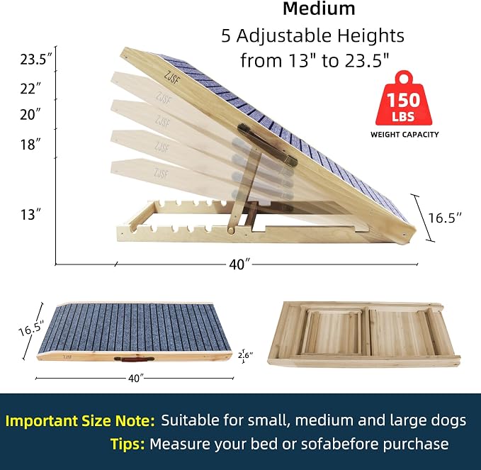 ZJSF Wooden Dog Ramp for High Bed & Couch, 40" L x 16.5" W Dog Stairs for Bed with 5 Adjustable Heights (13"-23.5"), Non-Slip Walking Surface, Portable Pet Ramp for Sofa, Car, Supports Up to 150 lbs