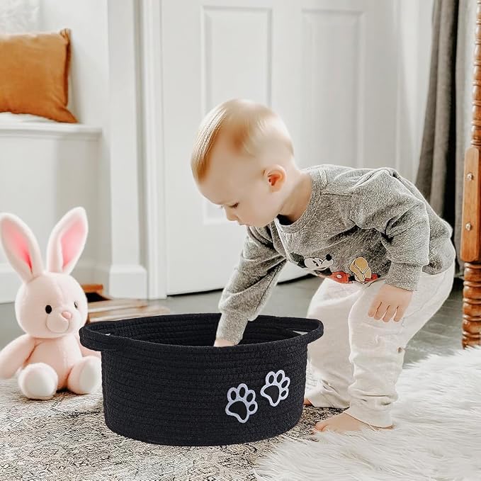 Small Woven Cotton Rope Nursery Organizer Bins, Dog Toy Basket Bins with Handle, Cute Empty Pet Gift Storage Baskets with Paw