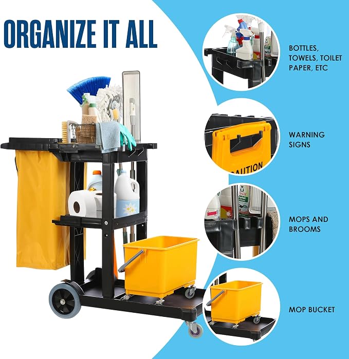 Cleaning Cart, Janitorial Cart, Cleaning Caddy with Wheels, Janitor, 440 Lb | Houseables for Housekeeping, Custodian, House Keeping, Maintenance, Rolling Supply Organizer, Custodial, Maid, Commercial